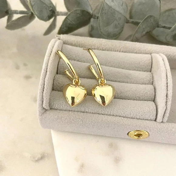 925 Sterling Silver Chunky Heart Hoop Earrings Dangle Heart Huggies - Picture 5 of 9